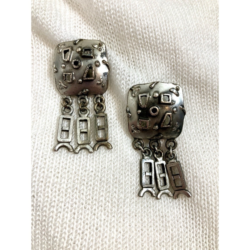Vintage Modernist Pewter Clip On Earrings‎ Artsy Brutalist Statement Artisan